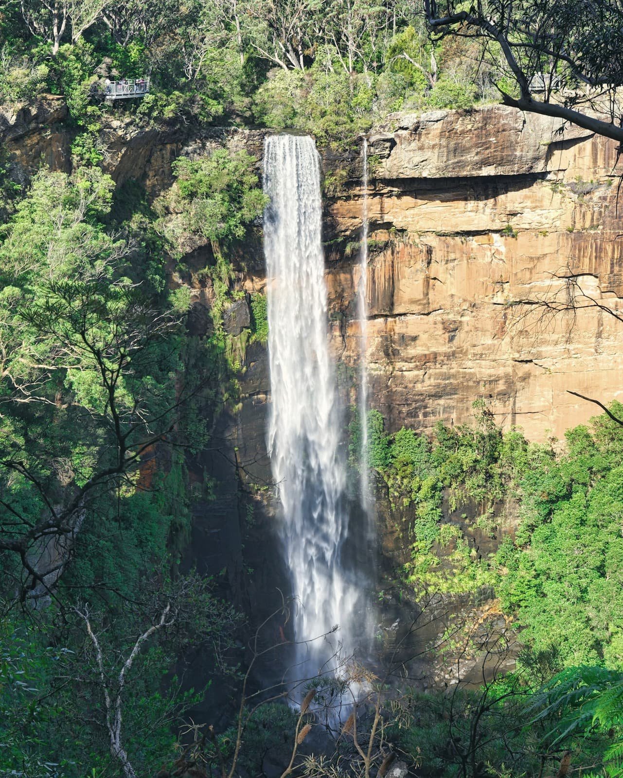 A tall, thin waterfall drops from a sandstone cliff into thick green forest.